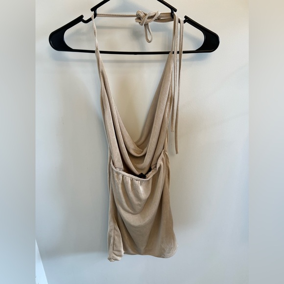 Fiestar Gold Plunging Cowl Neck Halter Tie Mini Dress Size Small - Picture 3 of 10